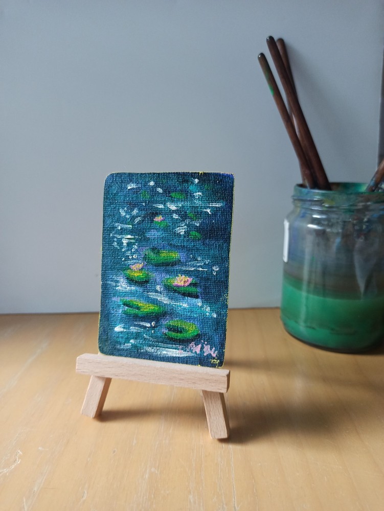 ACEO Landscape Lily Pad Pink Flowers Impressionism Acrylic Original By O.MyLore