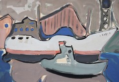 Gerhard Gerd Thelen 1920-1997 Oldenburg / Gouache 1954 Ships Port Shipyard