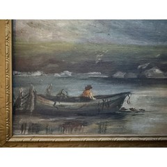 1912 Painting B – Water Boat w Man Stone Bridge Clouds Landscape Low Light 20×10
