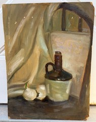 ANTIQUE ESTATE PAINTING ON BOARD STILL LIFE WINE JUG BOTTLE 1930TH SIGNED