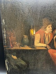 Antique Italian 19thC Oil Painting Tavern Scene Couple Candlelight on Panel