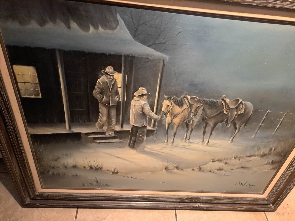 J.R. Lusk Signed Original Oil Painting Cowboys Horses Cabin Western 1976 Framed