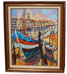 BILL NEWSOM Boat Scene and Harbor by a Row of Buildings oil painting