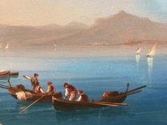 C1900 Italian Neapolitan School Gouache Painting. Mt. Vesuvius. Bay Of Naples