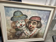 Original Twins Clowns Oil Painting On Canvas W Moninet Signed