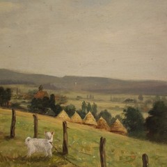 Signed painting artwork oil on board bucolic landscape art 20th century