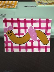 ACEO Original Worm Silly Yellow Ballerina Ballet Pink Bow Gouache AnnieMakesArt