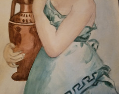 Neo classical Greek Influence 1900s water color Goddess w Ewer framed w glass