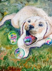 Dog Puppy Bubbles Oil Painting 15x20cm Animals Painting on Painting Board