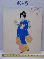 VINTAGE ASIAN JAPANESE GEISHA PAINTING OLD ON SILK BLUE KIMONO SIGNED FLOWERS