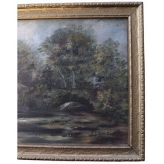 1912 Painting B – Water Boat w Man Stone Bridge Clouds Landscape Low Light 20×10