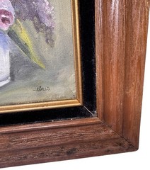 1960s Signed Hales Oil Painting Tulips Lilac Flowers Bouquet Impressionist 18×15