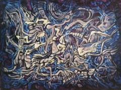 Strange but interesting 12″x16″ abstract painting „Listening to the Teller“