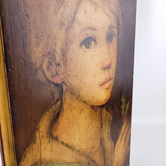 Vtg Painting Wood Plaque Girl With Christmas Holly 1970’s Realism OOAK
