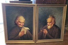 PAIR 2 HECTOR MONCAYO OG OIL PAINTING ECUADOR ART FRAME OLD MAN WOMAN PIPE VTG