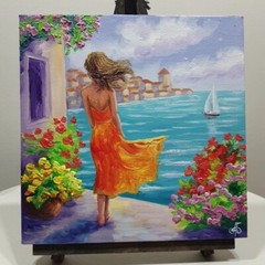 Original Oil Painting Woman Orange Dress Sea Breeze Floral Canvas Impressionist