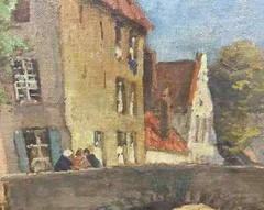 August Lemmer Oil Painting of a Belgian Canal with Bridge, Probably in Bruges