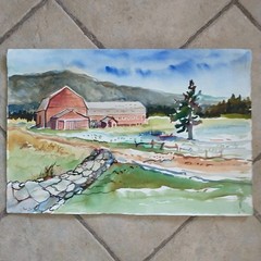 Vtg Watercolor Painting Landscape Farm Barn Pastel Wall Decor Signed 15×22″