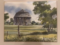 Vtg Round Barn Watercolor Landscape Painting By Listed Artist Tan Gillespie