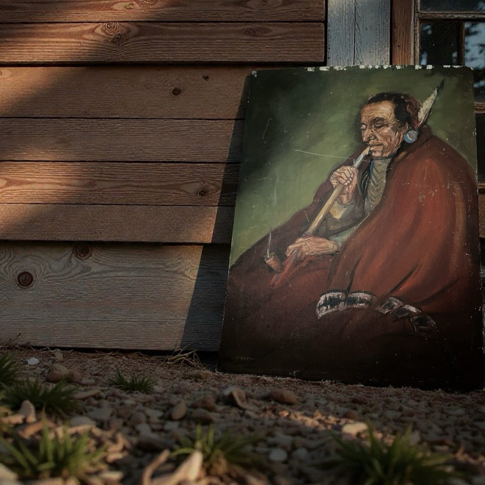 Vintage Oil Painting Board A Native American Man Smoking A Pipe