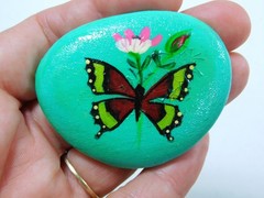Flowers & Butterfly Hand painted rock Stone art Aqua