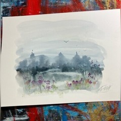 Floral Landscape Original Painting Watercolor Wall Art Nature Scene Artettina