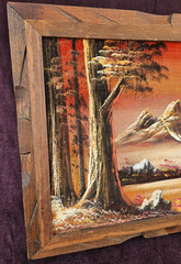 VTG 70s Velvet Painting Mountain Trees Water Landscape Hand Carved Wood Frame