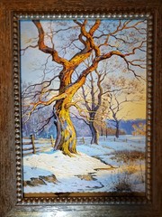 Original Oil Art Framed winter landscape painting with trees and bright blue sky