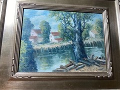 Cesare A. Ricciardi (1892 – 1973) „Canal Landscape With Homes“ Oil Painting