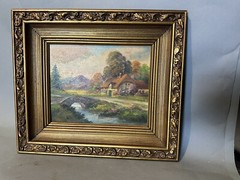 Vintage Oil Painting Landscape Cottage and Stream Gilt Wood Frame Signed Roth