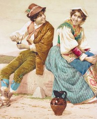FILIPPO INDONI 1842-1908 ANTIQUE WATERCOLOR CARDBOARD SIGNED COURTSHIP ITALIAN