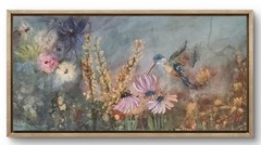 16×40 Original Oil Painting Beautiful Flowers Hummingbirds