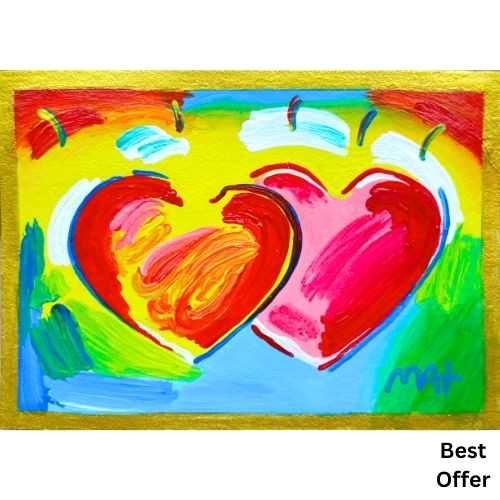 PETER MAX „Two Heart as one“ Original signed Pop Art Acrylic Hand Painting NEW