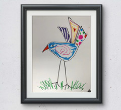 Whimsical color bird line art modern expressionist painting 14X11 gallery paper