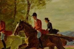 19th c. After Leszek Piasecki, antique oil painting „Hunters at Full Gallop.