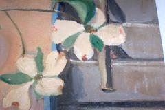 1900s Still Life Oil Painting ; Dogwood Flowers Vase Porcelain Asian Figure