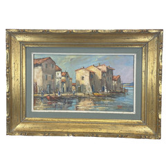 Signed „TM“ Oil Painting of Italian/South France Seaside Town Scene c 1950s-60s