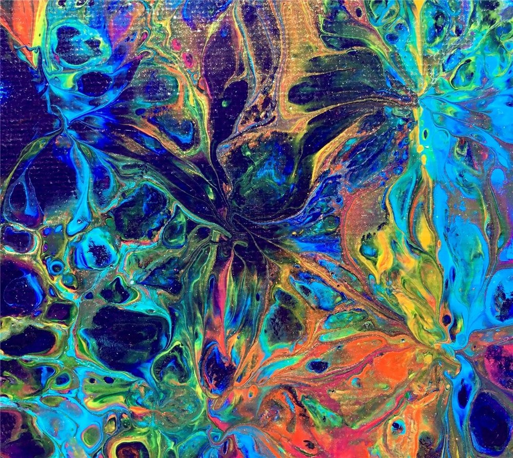 Rainbow Flowers 10X10″ Acrylic Pour Abstract Painting Canvas Orig Fluid Art