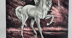 Vintage Blacklight Velvet Painting Unicorn Fantasy Art Signed Aune 23.75×35.75