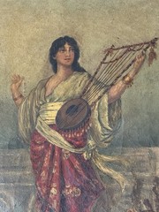 CHARMING OLD ANTIQUE EUROPEAN WOMAN MUSICIAN OIL PAINTING VINTAGE 1906 SIGNED
