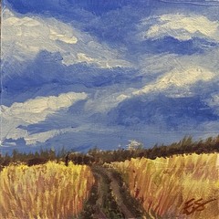 Original 6×6 Acrylic Landscape Painting Golden Field Path Sky Clouds Wall Art