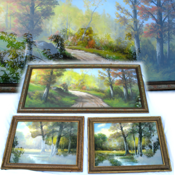 3pc Antique Original Andrew Gunderson Signed Pastel Chalk Art Painting Landscape