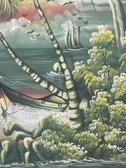 Original Haitian oil hand painting 20inx24in men fishing in jungle wildlife