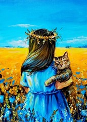 Ukrainian Patriotic Acrylic Painting, Woman with Cat, Blue and Yellow Artwork