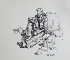 Tim Solliday Western Pen & Ink, „Morning Coffee,“ Rare