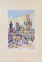 Original Signed Watercolor Prague Charles Bridge Cityscape – Praha, 1996
