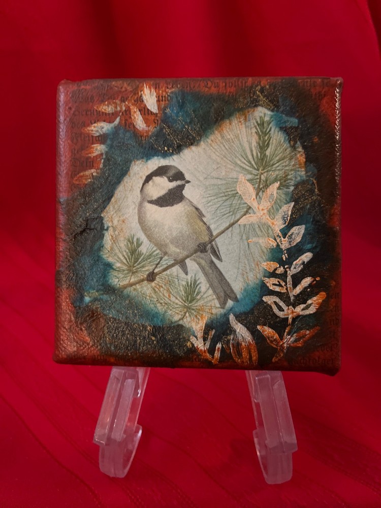 Chickadee mixed media on canvas 4×4 The Expressive Palette Diane R?