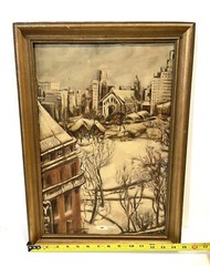 Vintage Landscape City Scene Painting On Canvas Framed Signed And Dated 1943