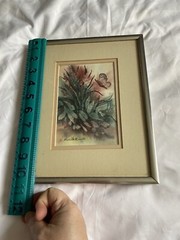 Original Watercolor Signed V. Mueller Butterfly And Flowers Leaves Plant Green