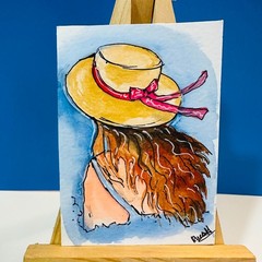 Original ACEO Watercolor Woman in Sun Hat Portrait Mini Painting Summer Artwork